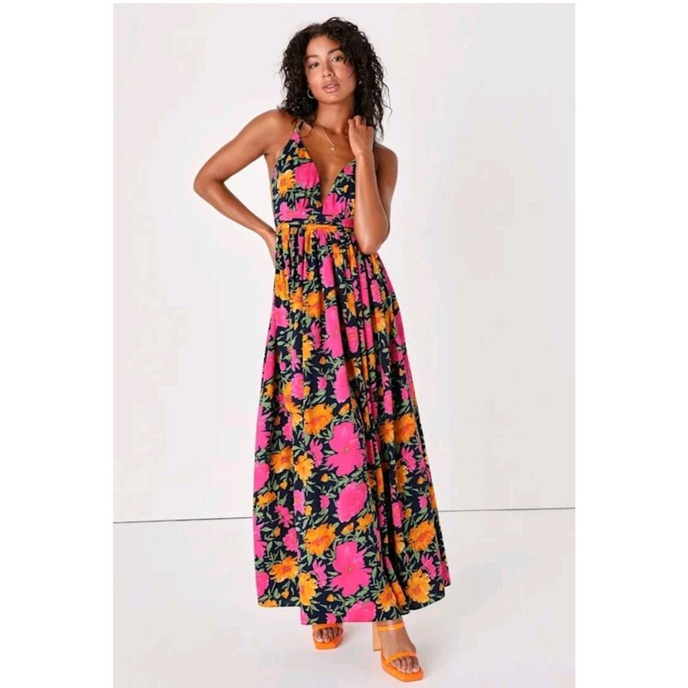NWT Lulus Vivacious Love Floral Strappy V Neck Sleeveless Maxi Dress Size S